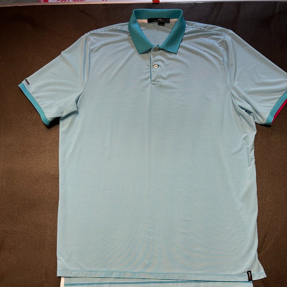 RLX RALPH LAUREN Men's XL Polo Shirt Aqua Blue Striped Short Sleeve